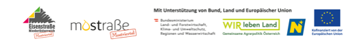 Förderlogos: Eisenstraße Niederösterreich, Moststraße, Bundesministerium, WIR leben Land, Land Niederösterreich, Kofinanziert von der Europäischen Union